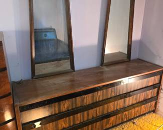 MCM low dresser part of a full set includes full headboard and rails, highboy dresser and nightstand