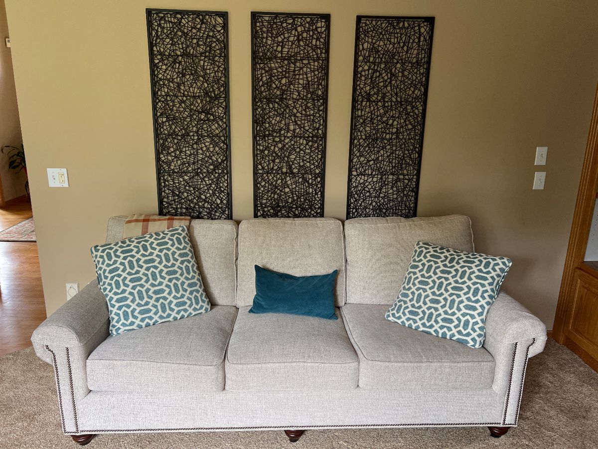 Bassett Sofa, and Metal and Rattan Wall Art