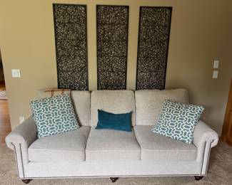 Bassett Sofa, and Metal and Rattan Wall Art