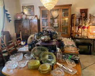 Vintage glass, crystal, serving items, MCM furniture and two buffets