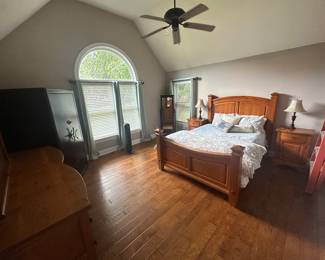 solid wood bedroom set with 2 night stands, queen size bed, and dresser