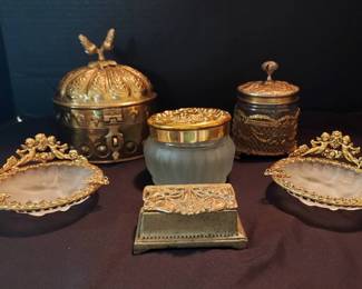 Antique Brass Frosted Glass Ashtrays, Vanity Jars Trinket Boxes