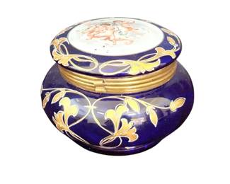 Small Painted Blue Glass Box With Cherubs