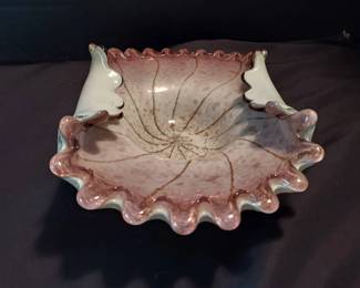 Murano Art Glass Scalloped Centerpiece Bowl. Cased Amethyst Glass With Gold Flecks