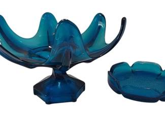 Viking Bluenique SixPetal Swung Glass Pedestal Vintage Pebbled Glass Ashtray