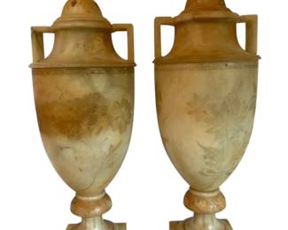 Two Carved Alabaster UrnShaped Lamps w Floral Designs