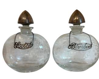 Scotch Bourbon Bottles w Sterling Stoppers Labels