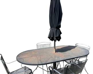 Wrought Iron Oval Table, 4 Chairs, Umbrella Base