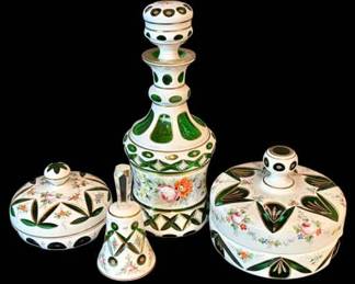 Bohemian Czech White CuttoGreen Hand Painted Floral Glass Decanter, Candy Dishes, Bell