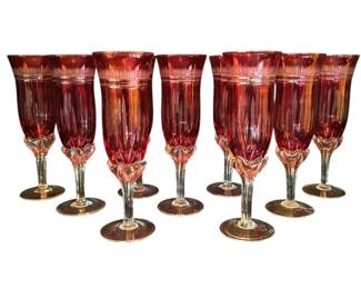 19 Cranberry Cut Crystal Champagne Flutes