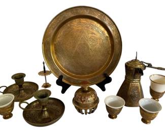 Vintage Indian Brass Tea Set, Bell, Candleholders