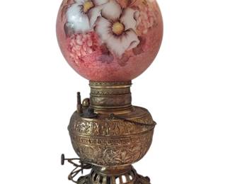Antique Hurricane Oil Lamp With Brass Base Handpainted Shade
