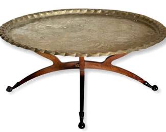 Moroccan Brass Tray Table w MidCentury Folding Base Crystal Ball Claw Feet