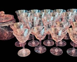 Pink Depression Glass Cookie Jar, Fruit Bowls, Cocktail And Wine Glasses
