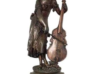 Bronze Sculpture Young Girl With Cello By Vincent Desire Faure de Brousse Wood Display
