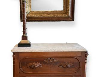 Antique Carved Wooden Marble Top Dresser w Victorian Gold Mirror Table Lamp