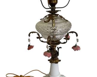 Electric Oil Lamp W Milk Glass Base Porcelain Flowers