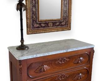 Vintage Marble Top Dresser, Lamp, Mirror