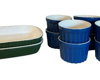 Ten Blue Stoneware Ramekins Two Green Baking Dishes
