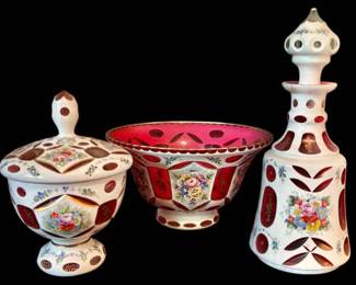 Bohemian Czech White CuttoCranberry Hand Painted Floral Glass Bowl, Candy Dish, Decanter