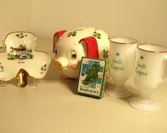 Irish lot with vintage ashtray, piggy bank, Irish coffee glasses and deck of cards