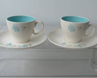 Taylor, Smith & Taylor cups and saucers. Boutonniere pattern in the Ever Yours line of tableware.
