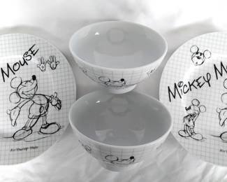 Set of dinnerware, two plates and two bowls, featuring Mickey Mouse from Disney, with a design based on the 2008 Sketch Book pattern.