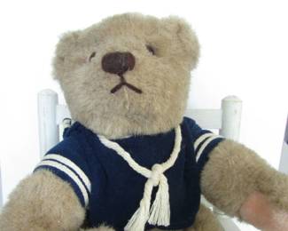 Adorable Gund teddy bear in sailor shirt with painted wood rocking chair.