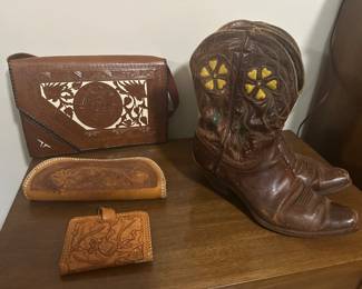 Leather purses, wallets, cowboy boots