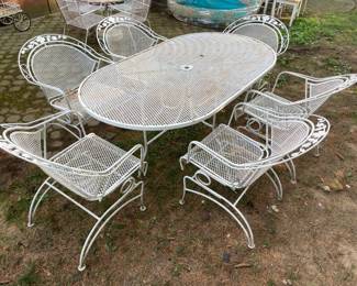 Wrought Iron Oval Dining Table W/ 6 Bouncing Arm Chairs