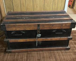 Antique Wood Steamer Trunk W/ Cast Iron Hardware, Heavy Padlock, & Steel Liner For Cold Storage