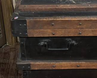 Antique Wood Steamer Trunk W/ Cast Iron Hardware, Heavy Padlock, & Steel Liner For Cold Storage