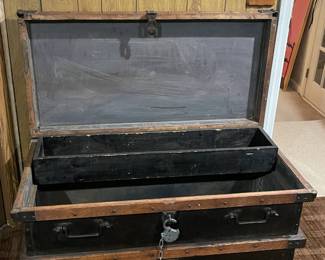 Antique Wood Steamer Trunk W/ Cast Iron Hardware, Heavy Padlock, & Steel Liner For Cold Storage
