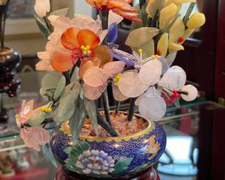 Cloisonne Hardstone Floral Arrangement On Wooden Base
