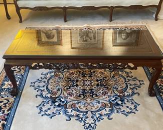 Carved Wooden Coffee Table W/ Glass Top