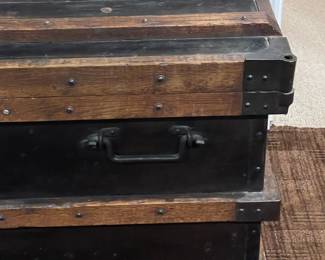 Antique Wood Steamer Trunk W/ Cast Iron Hardware, Heavy Padlock, & Steel Liner For Cold Storage