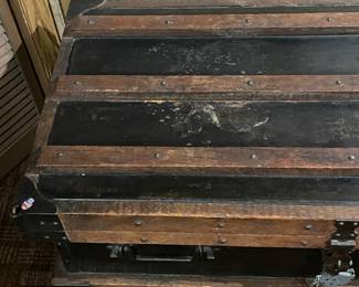 Antique Wood Steamer Trunk W/ Cast Iron Hardware, Heavy Padlock, & Steel Liner For Cold Storage