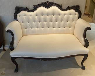 Beautifully Upholstered Carved Wood Framed Sofa