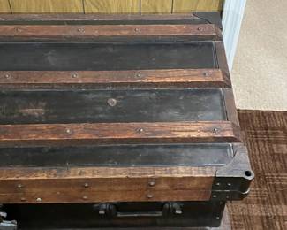 Antique Wood Steamer Trunk W/ Cast Iron Hardware, Heavy Padlock, & Steel Liner For Cold Storage