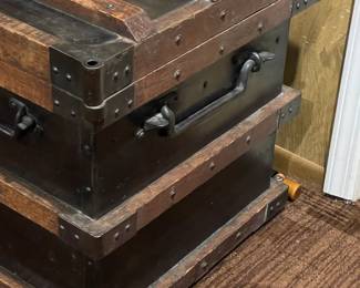 Antique Wood Steamer Trunk W/ Cast Iron Hardware, Heavy Padlock, & Steel Liner For Cold Storage