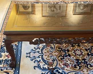Carved Wooden Coffee Table W/ Glass Top