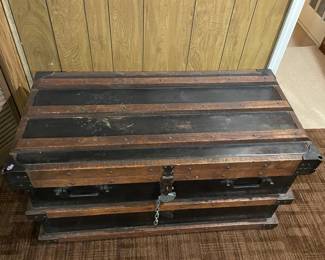 Antique Wood Steamer Trunk W/ Cast Iron Hardware, Heavy Padlock, & Steel Liner For Cold Storage