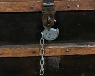 Antique Wood Steamer Trunk W/ Cast Iron Hardware, Heavy Padlock, & Steel Liner For Cold Storage