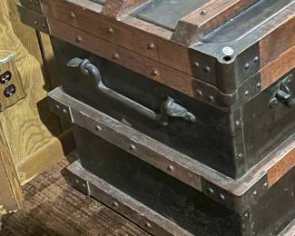 Antique Wood Steamer Trunk W/ Cast Iron Hardware, Heavy Padlock, & Steel Liner For Cold Storage