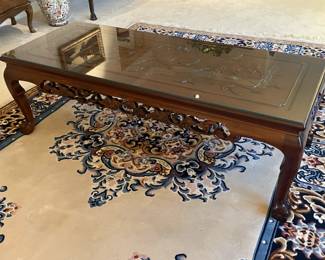 Carved Wooden Coffee Table W/ Glass Top