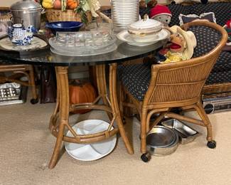 Wicker Glass Top Table Set W/ Rolling Club Chairs