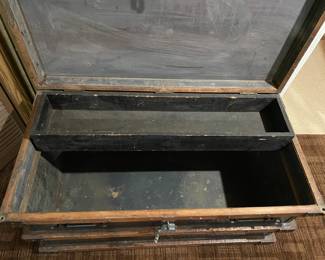 Antique Wood Steamer Trunk W/ Cast Iron Hardware, Heavy Padlock, & Steel Liner For Cold Storage