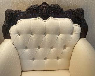 Beautifully Upholstered Carved Wood Framed Arm Chair