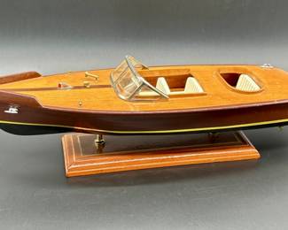 Decorative Vintage Wooden Speedboat Model on Stand