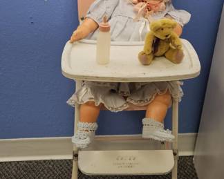 1950's Ideal 20in Crying Baby Doll, Vintage Metal High Chair, Doll Bottle, & Plushie